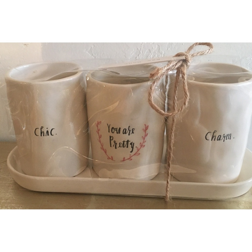 New Vintage Rae Dunn Chic You Are Pretty Charm Makeup Brush Holder Tray Set
